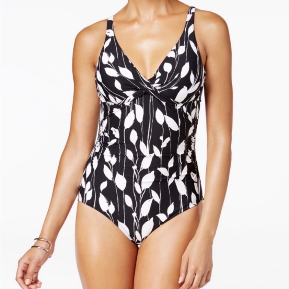 Anne Cole Vines Print Black and White One Piece Swimsuit Size 10 NWT